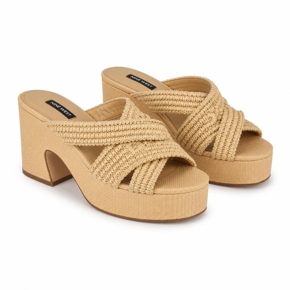 Nine West Bemay Platform Sandals Sz 8M Tan Woven Raffia Block Heel Boho Chunky
